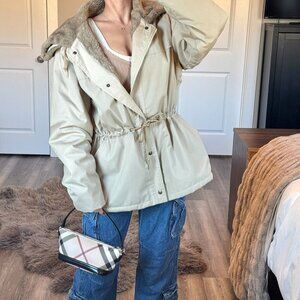 Vintage Campus Sherpa Lined Winter Coat Beige Zip Hood USA Made Winter Sz 48/XL
